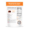 Back side of the Quay Naturals Blanched Almond Flour package with text and nutrition facts on a white background.