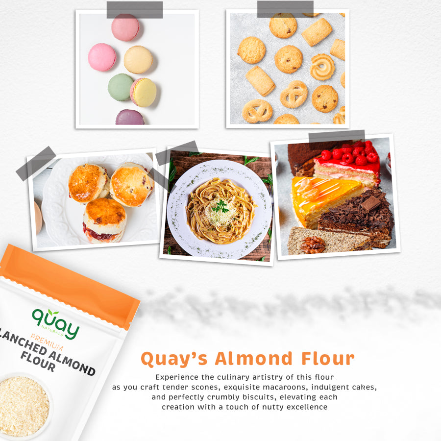 various baked goods like macarons, cookies, scones, pasta, and cakes, promoting Quay Naturals Almond Flour.