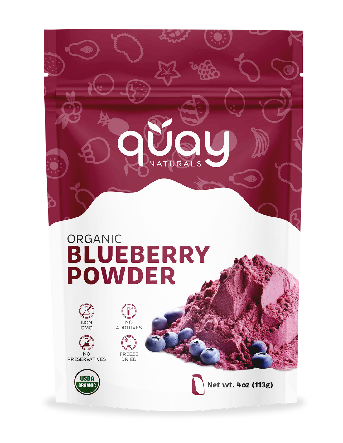 Package of quay Naturals Organic Blueberry Powder with red and white design.