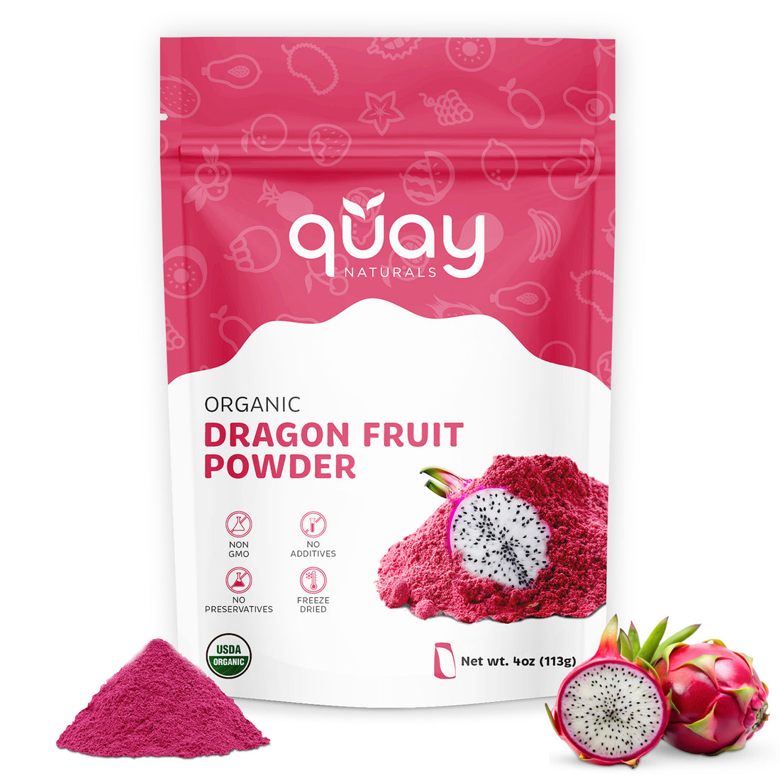 Package of quáy Naturals Organic Dragon Fruit Powder with dragon fruit on a white background