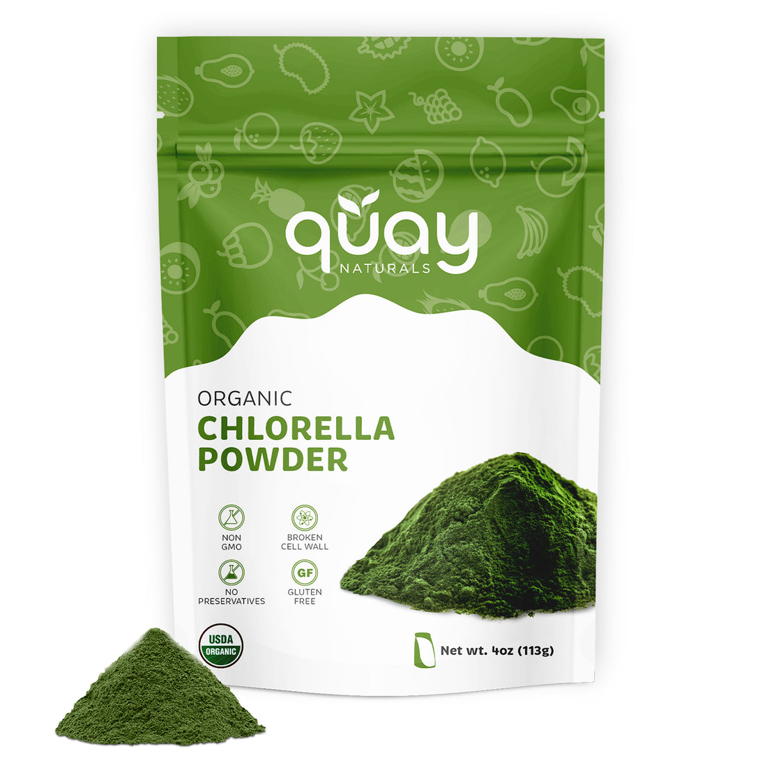 Quay Naturals Organic Chlorella Powder packaging with green chlorella powder on a white background