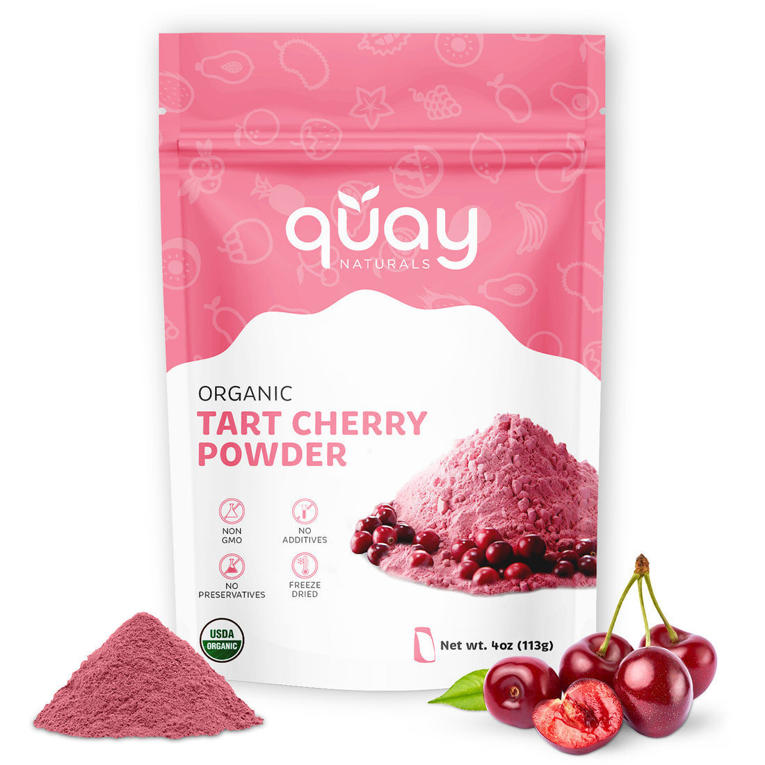 Package of Organic Tart Cherry Powder by quay with cherry graphics on a white background