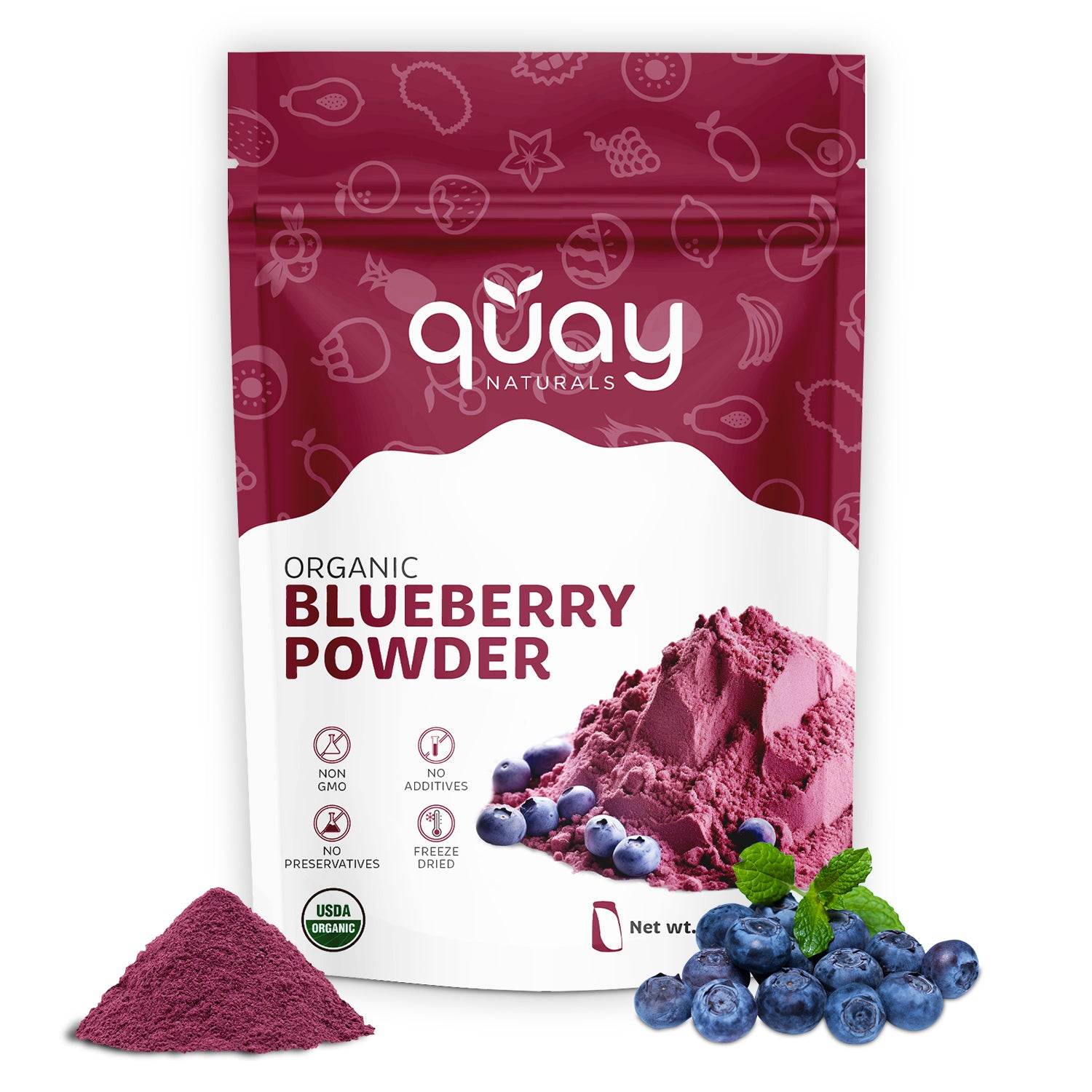 Quay Naturals Organic Blueberry Powder packaging with blueberries on a white background