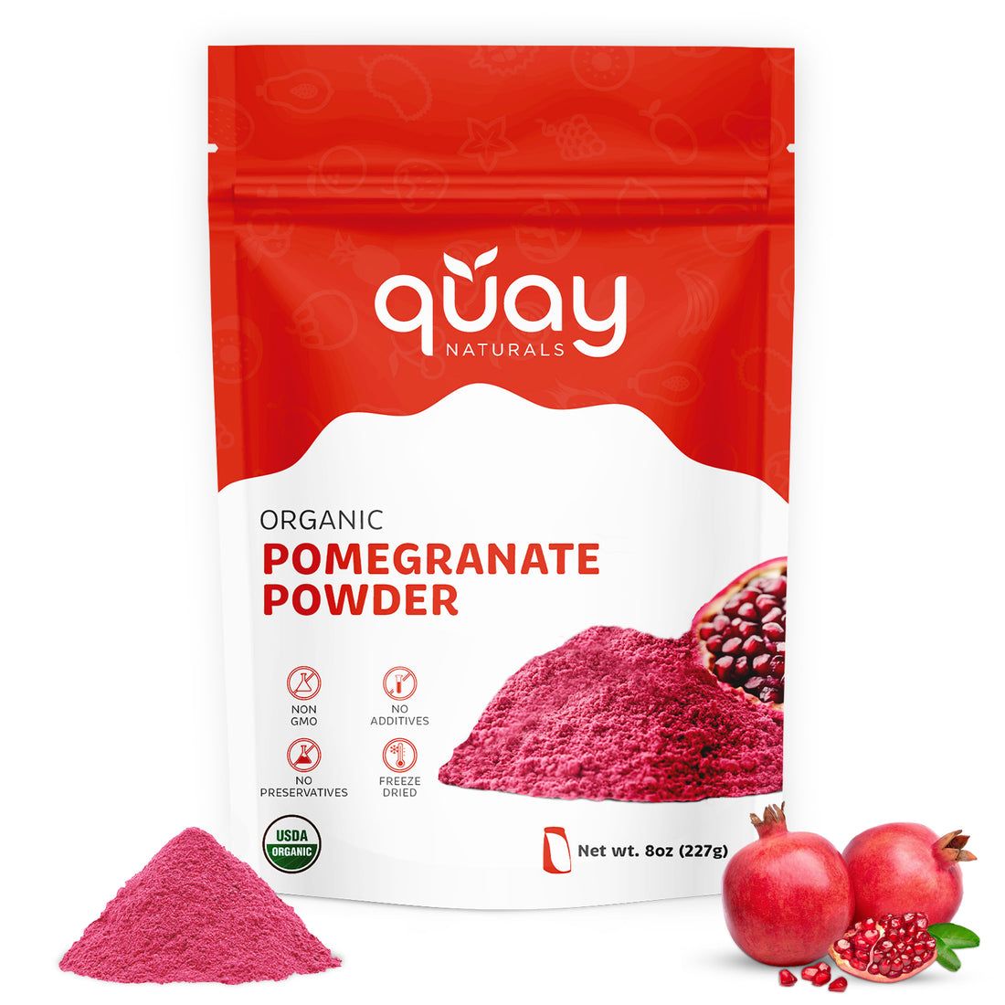 Quay Naturals organic pomegranate powder package with pomegranates on a white background