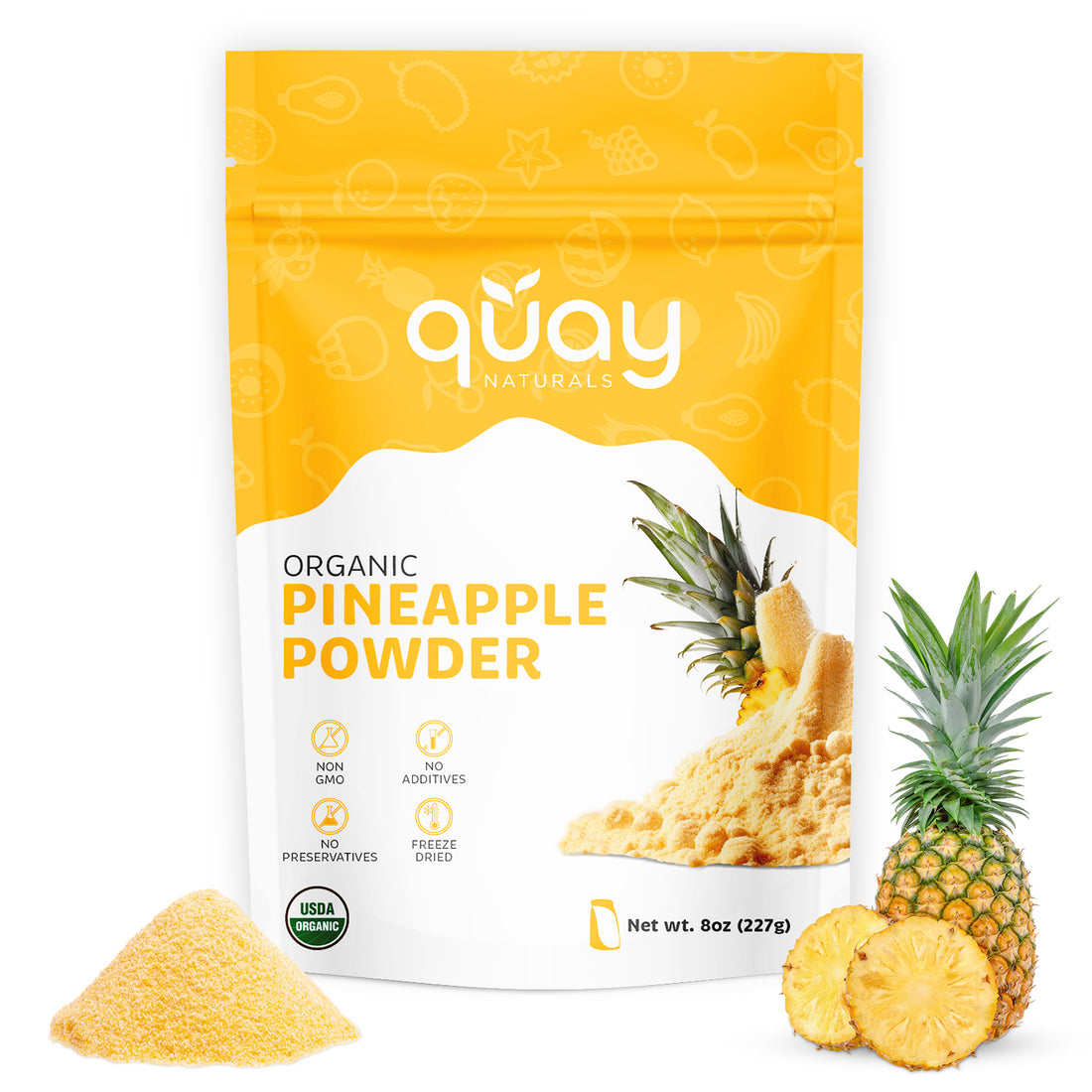 Quay Naturals organic pineapple powder package with pineapple slices and powder on a white background