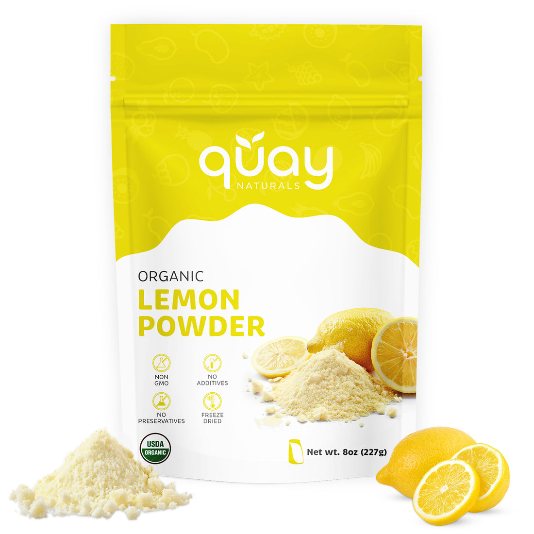 Package of Quay Naturals Organic Lemon Powder with lemons on a white background