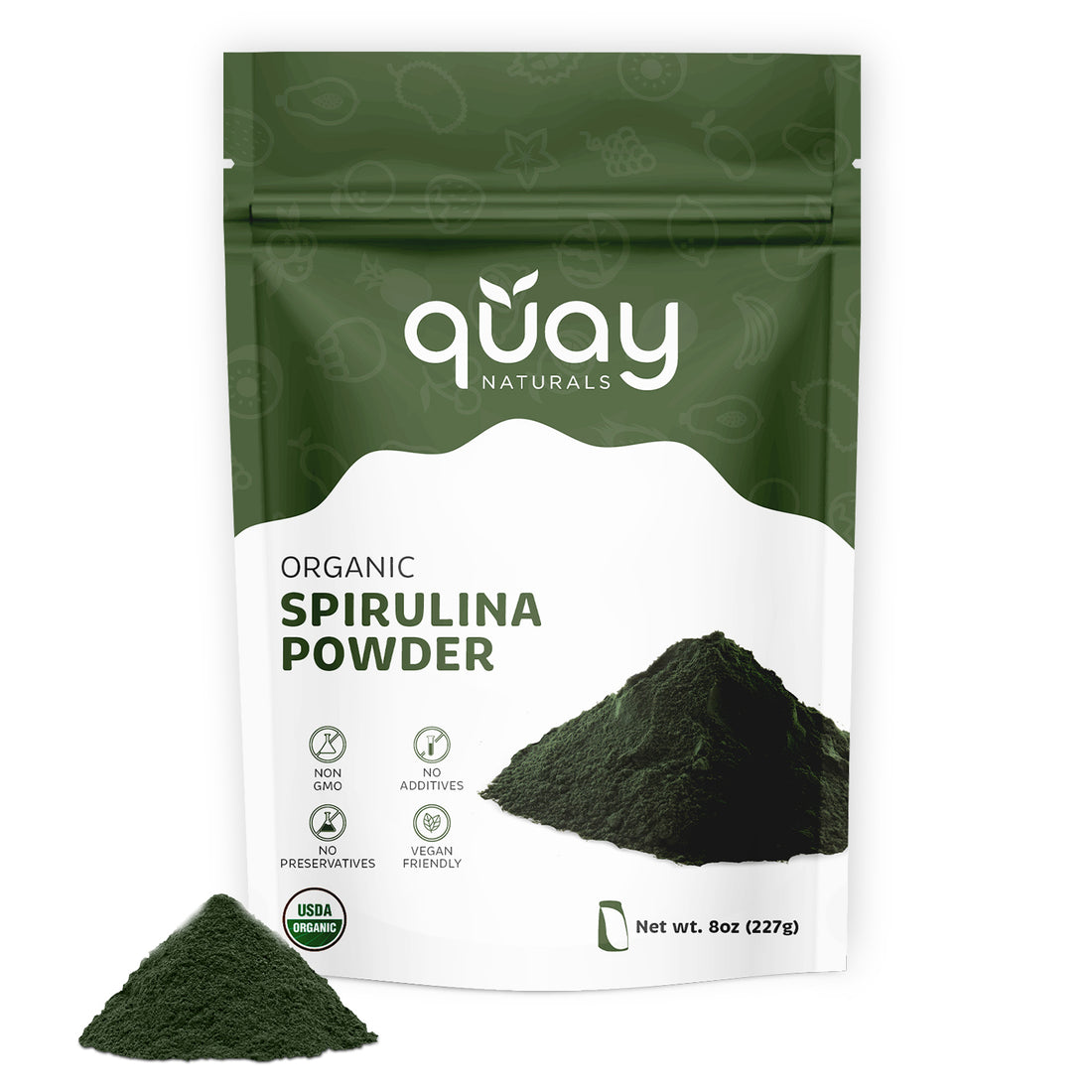 Package of quay Naturals Organic Spirulina Powder with spirulina powder on a white background