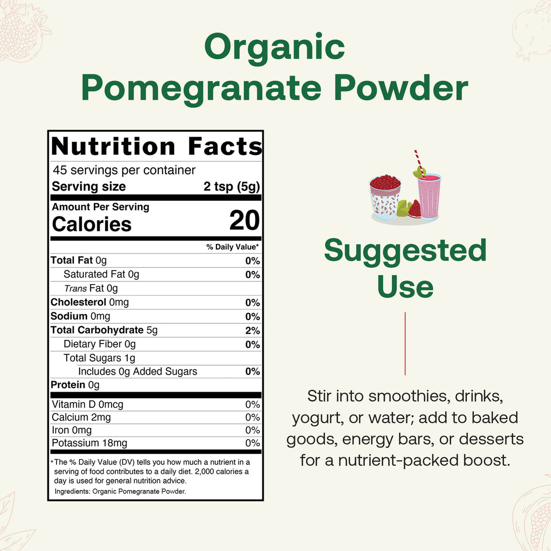 Quay Naturals organic pomegranate powder package with pomegranates on a white background