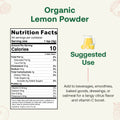 Nutrition facts label for organic lemon powder with serving size, calories, and suggested uses.