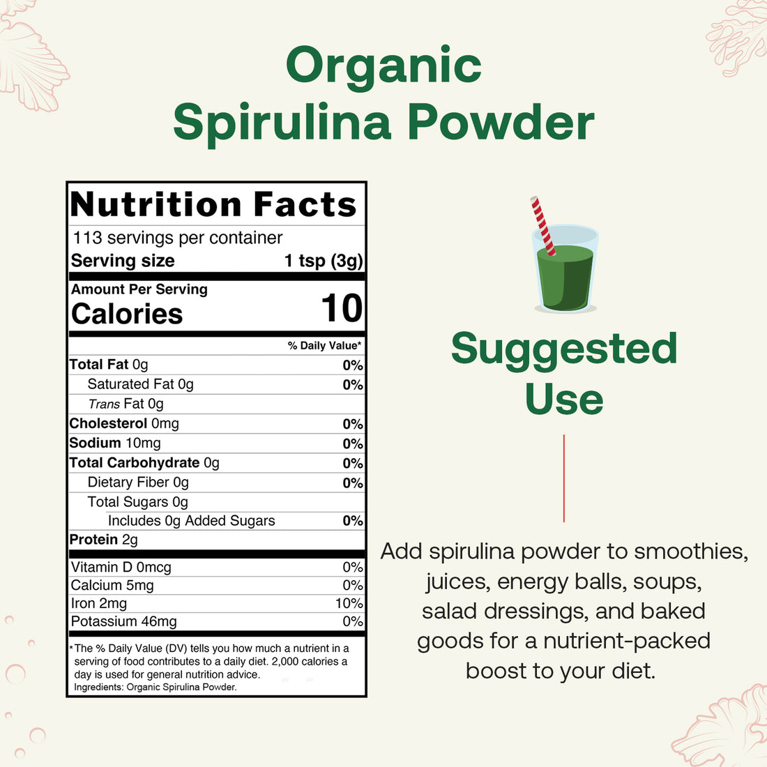 Package of quay Naturals Organic Spirulina Powder with spirulina powder on a white background