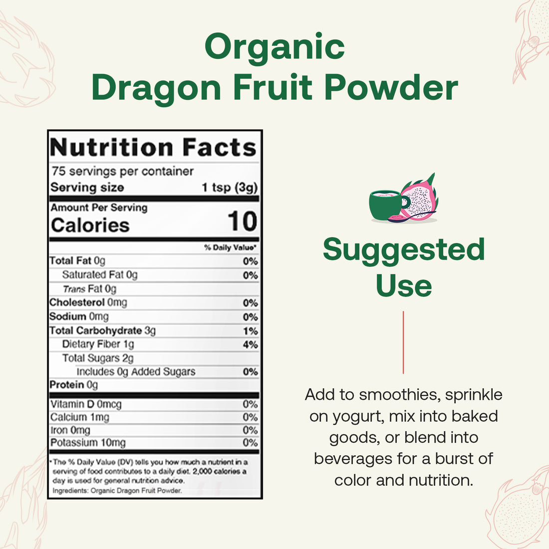 Package of quáy Naturals Organic Dragon Fruit Powder with dragon fruit on a white background