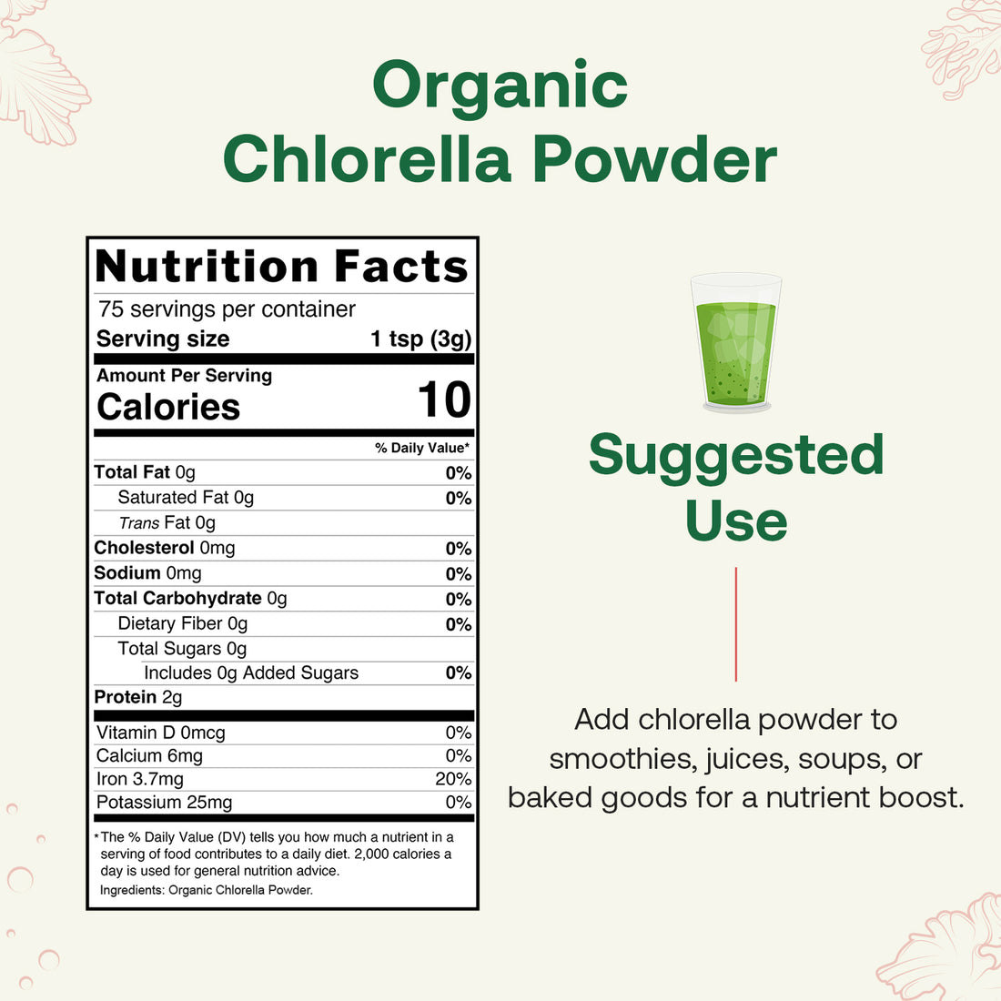 Quay Naturals Organic Chlorella Powder packaging with green chlorella powder on a white background
