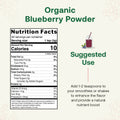 Nutrition facts label for organic blueberry powder on a white background