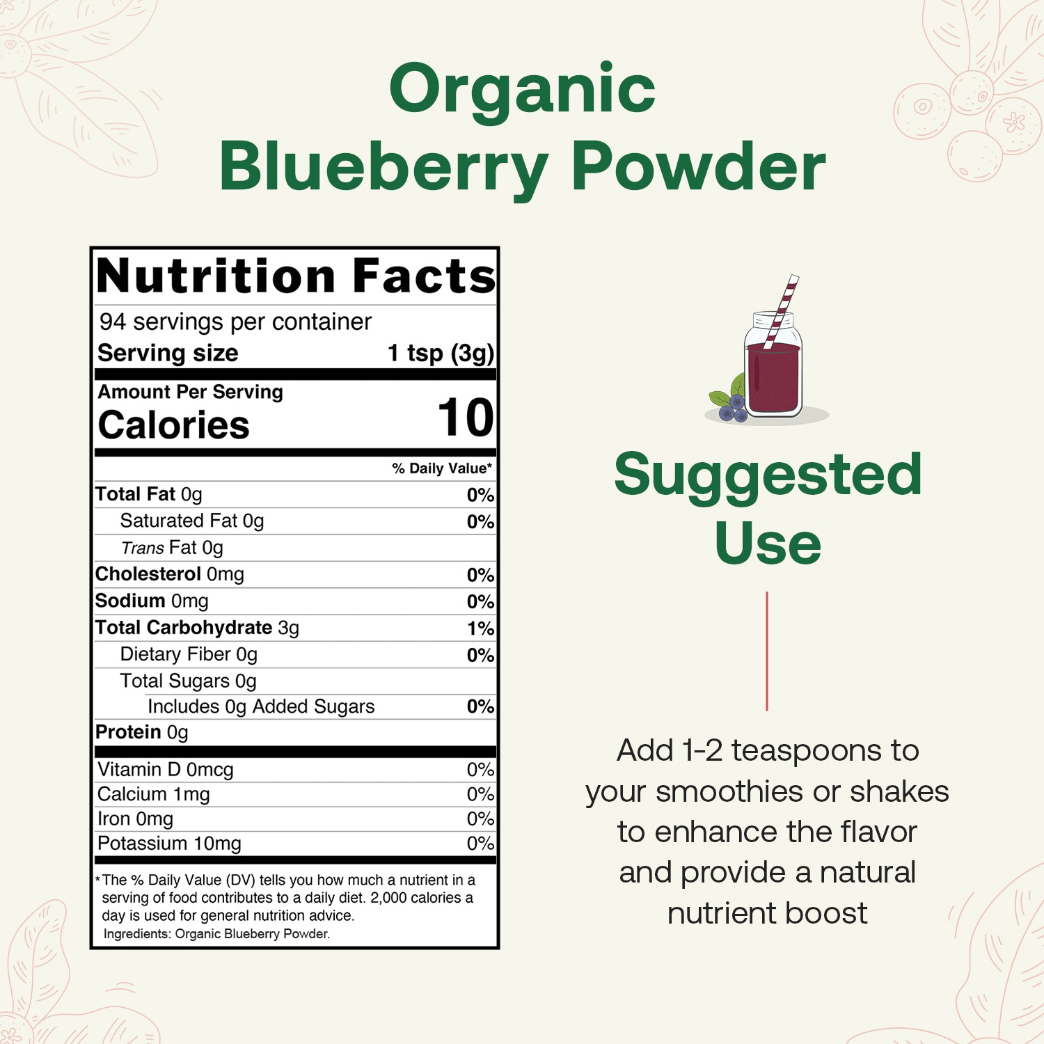 Nutrition facts label for organic blueberry powder on a white background