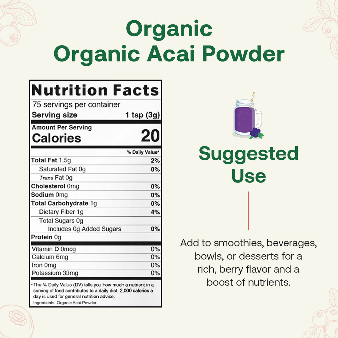 Organic Acai Powder Front Side