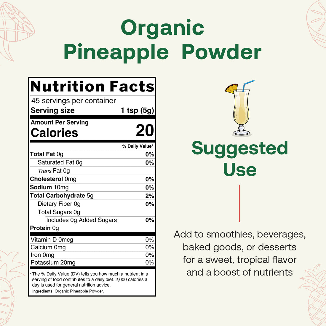 Quay Naturals organic pineapple powder package with pineapple slices and powder on a white background