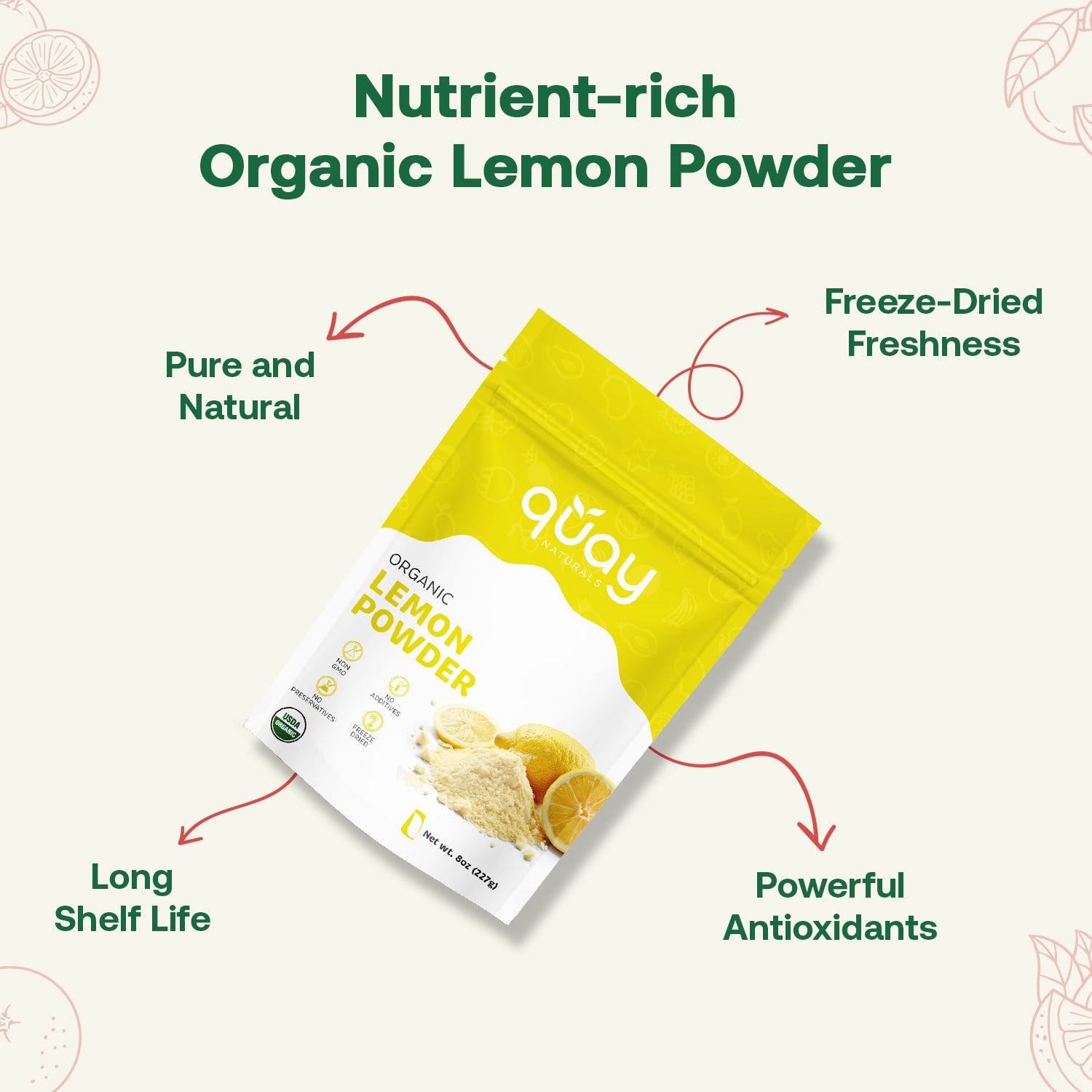 Package of Quay Naturals Nutrient Rich Organic Lemon Powder with text highlighting its features on a light green background.