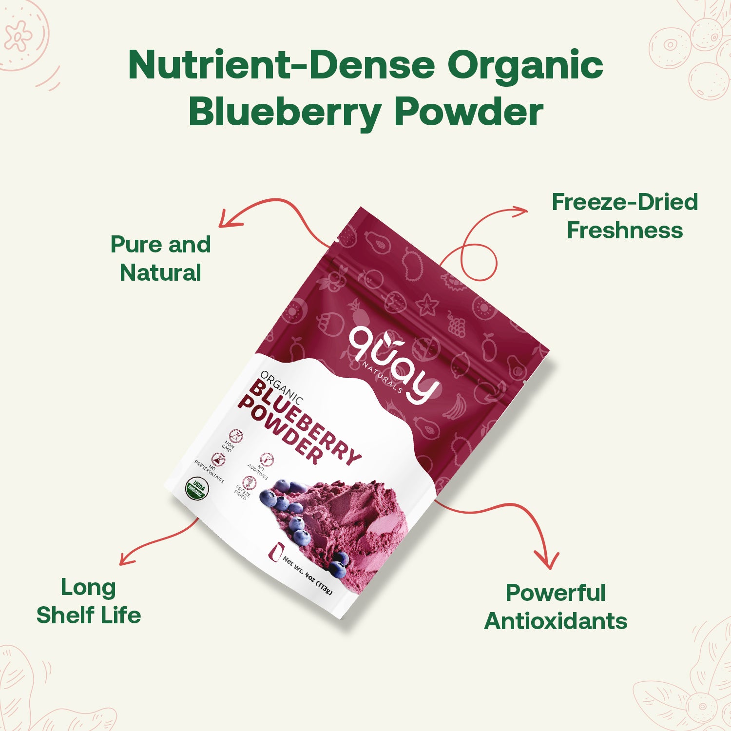 Quay Naturals Organic Blueberry Powder packaging with text highlighting features on a light background