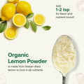 Spoonful of organic lemon powder with lemons and text on a white background