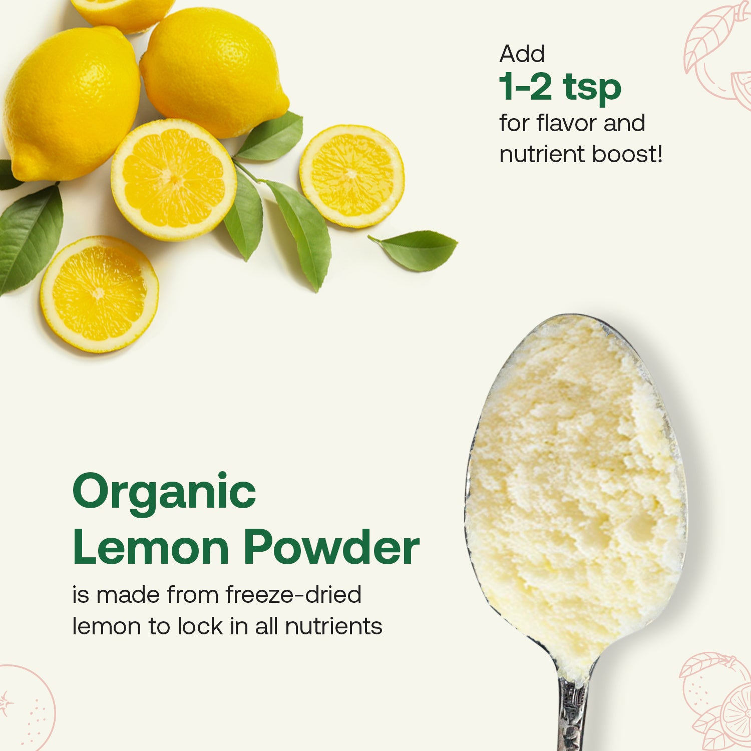 Spoonful of organic lemon powder with lemons and text on a white background