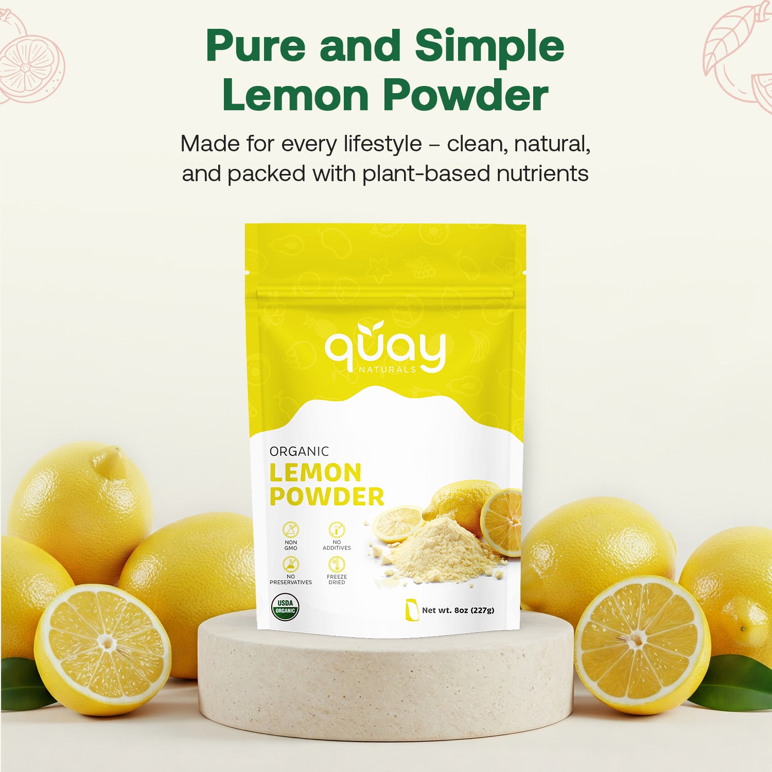 Quay Naturals Pure and Simple Lemon Powder packaging with lemons on a light background
