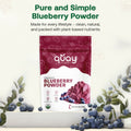 Quay Naturals organic blueberry powder packaging with blueberries on a white background