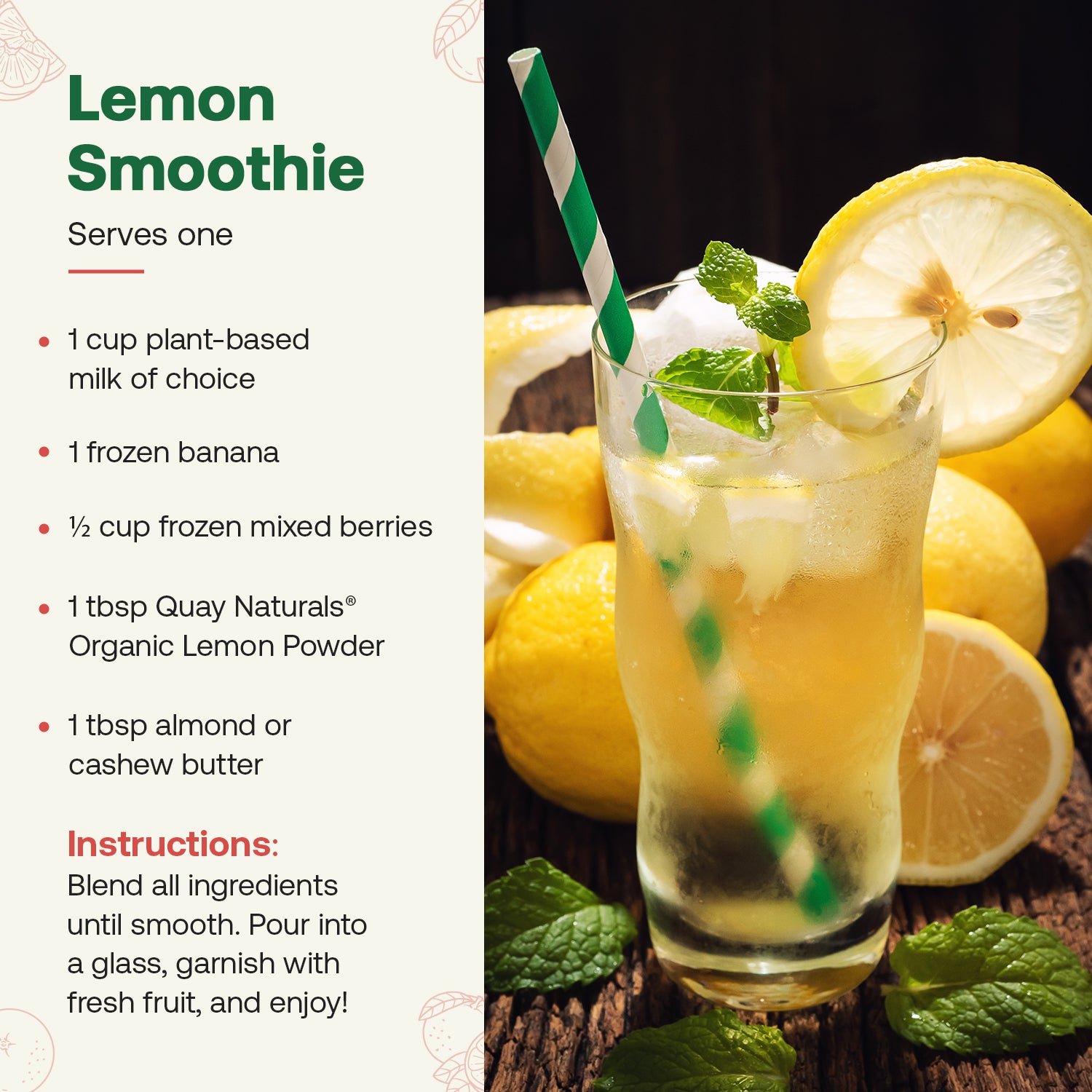 Lemon smoothie recipe with ingredients and preparation instructions, surrounded by lemons and mint leaves.