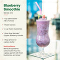 Blueberry smoothie recipe with ingredients listed and a glass of purple smoothie with Blueberry and pink straw.