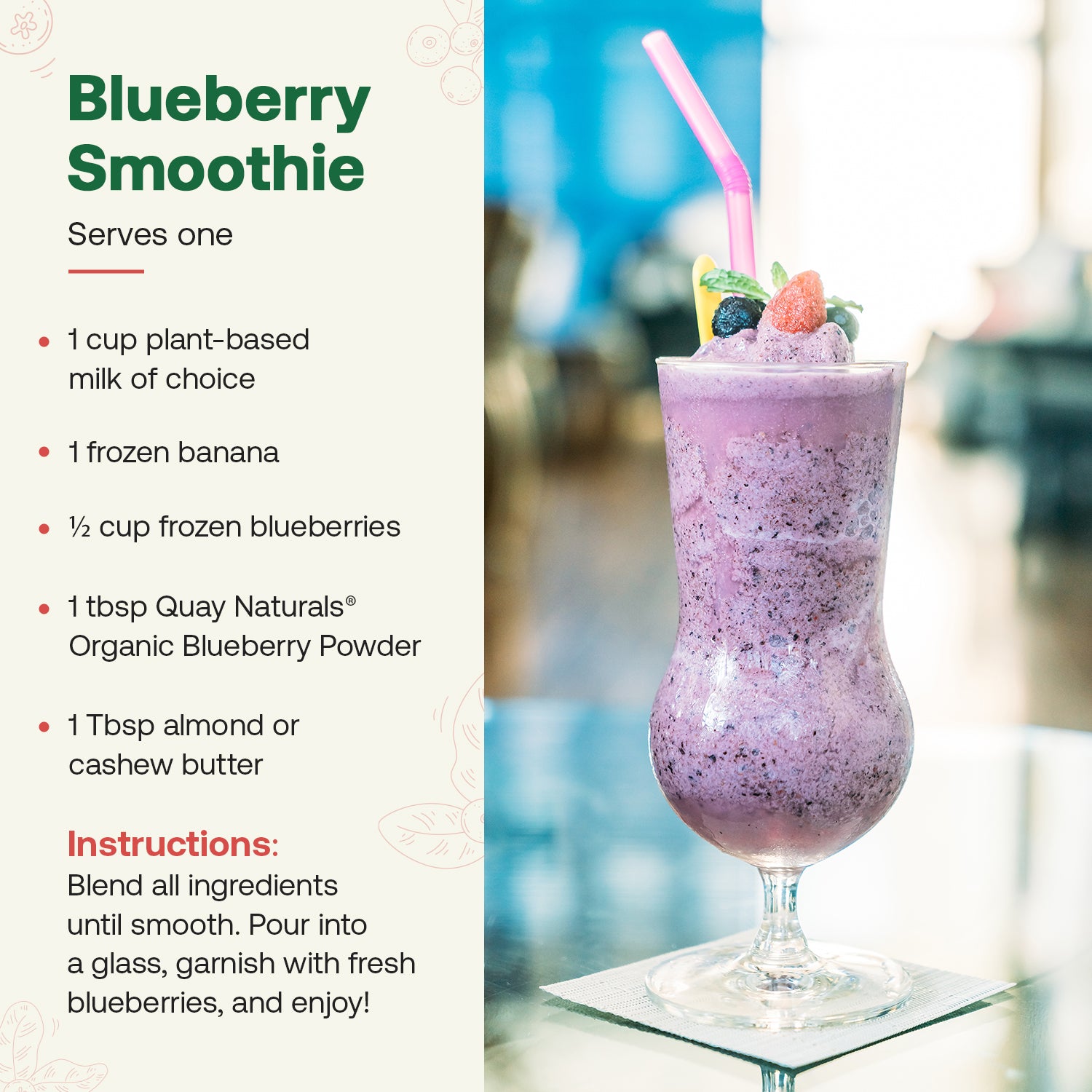 Blueberry smoothie recipe with ingredients listed and a glass of purple smoothie with Blueberry and pink straw.