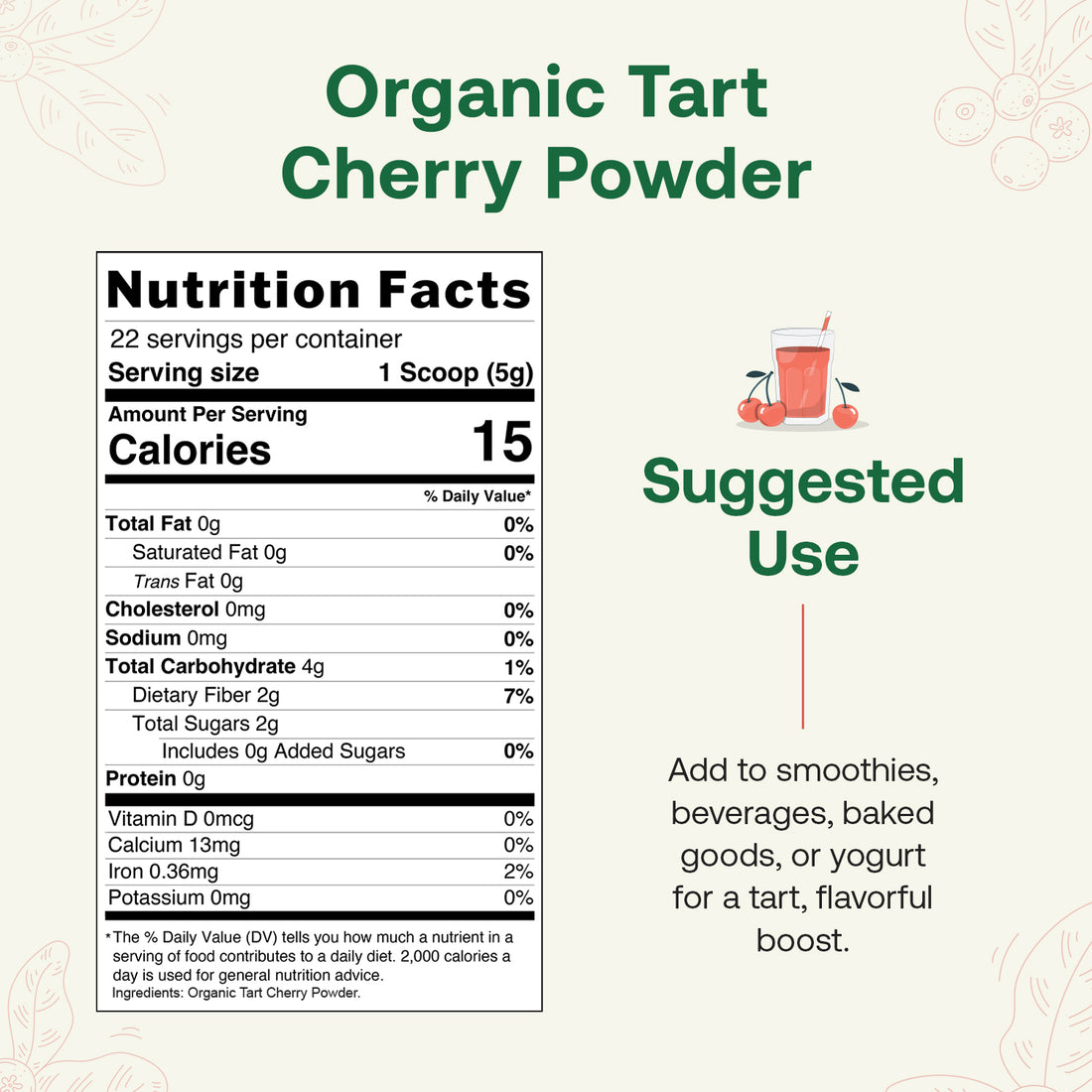 Package of Organic Tart Cherry Powder by quay with cherry graphics on a white background