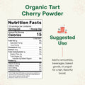 Nutrition facts label for organic tart cherry powder on a light background