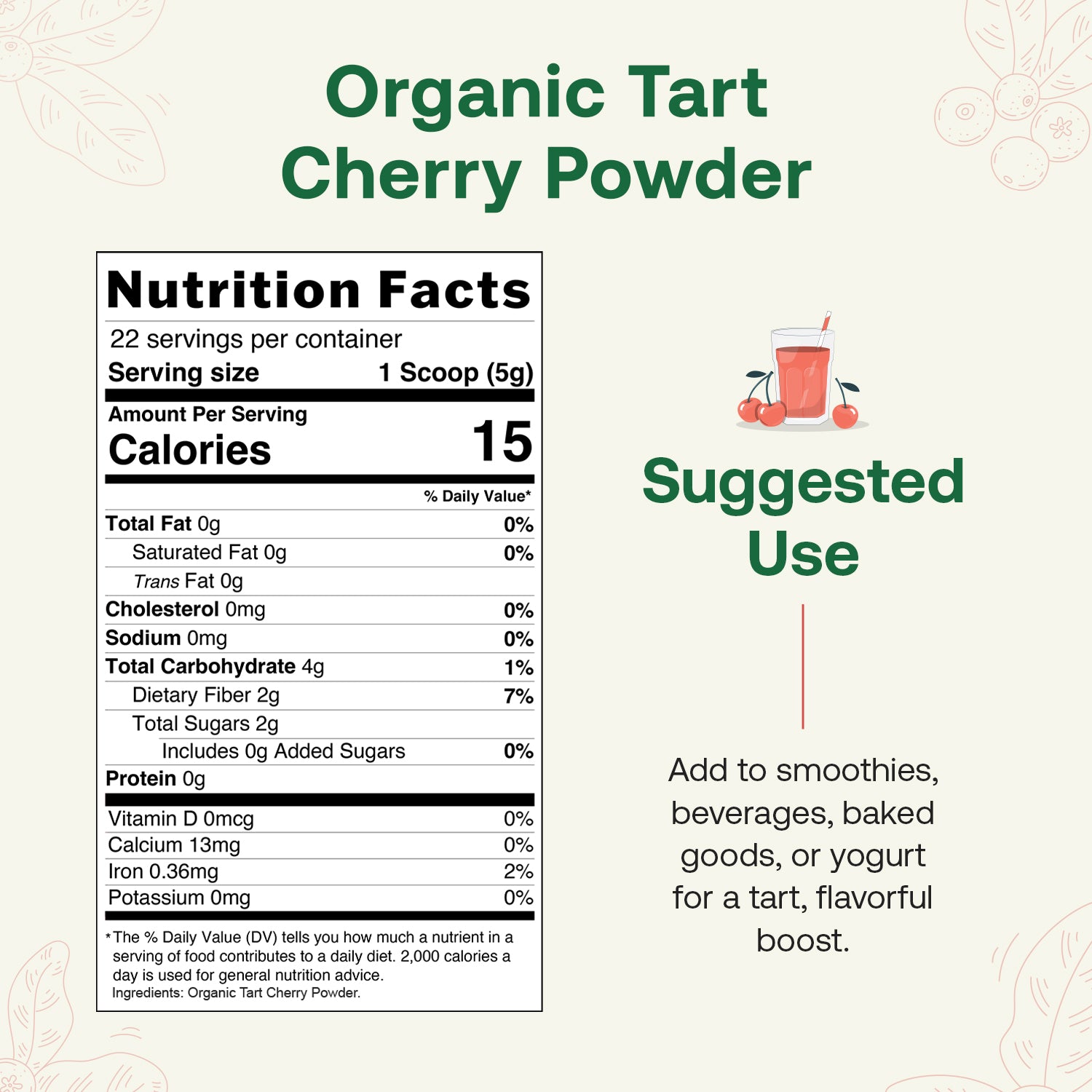 Nutrition facts label for organic tart cherry powder on a light background