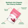 Package of Quay Naturals Organic Tart Cherry Powder with text highlighting its features on a light background.