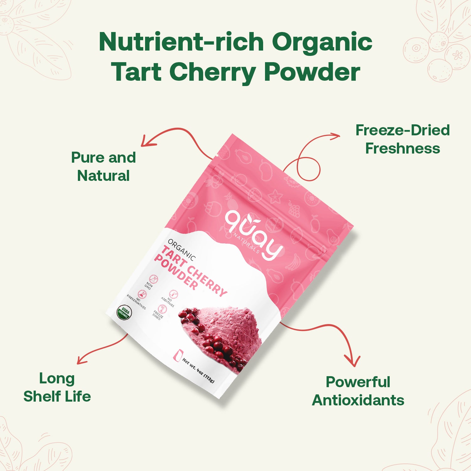 Package of Quay Naturals Organic Tart Cherry Powder with text highlighting its features on a light background.