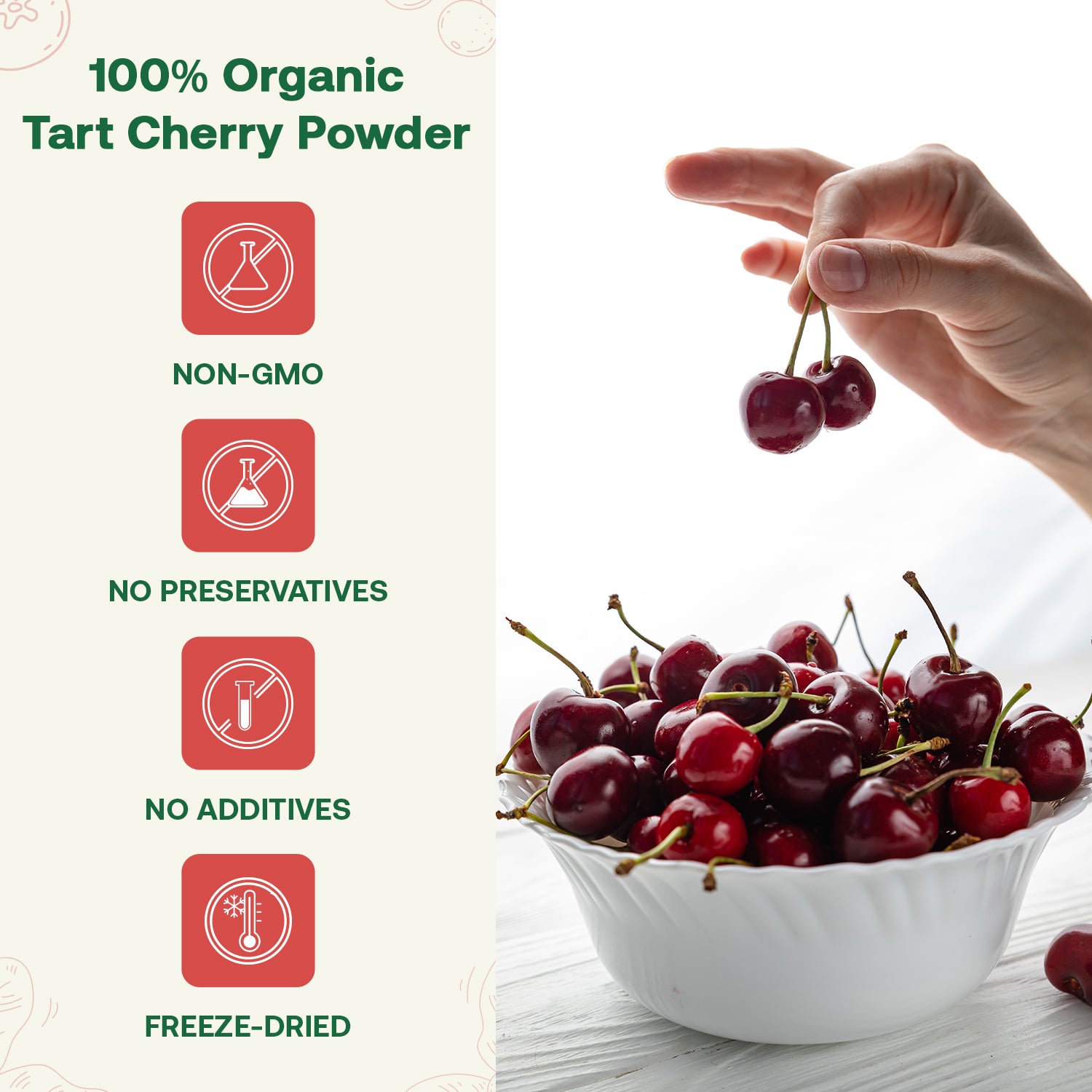 Bowl of tart cherries with a hand holding cherries, labeled as 100% organic tart cherry powder and certification icons on the left side.