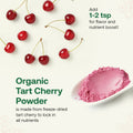 Organic tart cherry powder with freeze-dried tart cherries and a wooden spoon on a white background