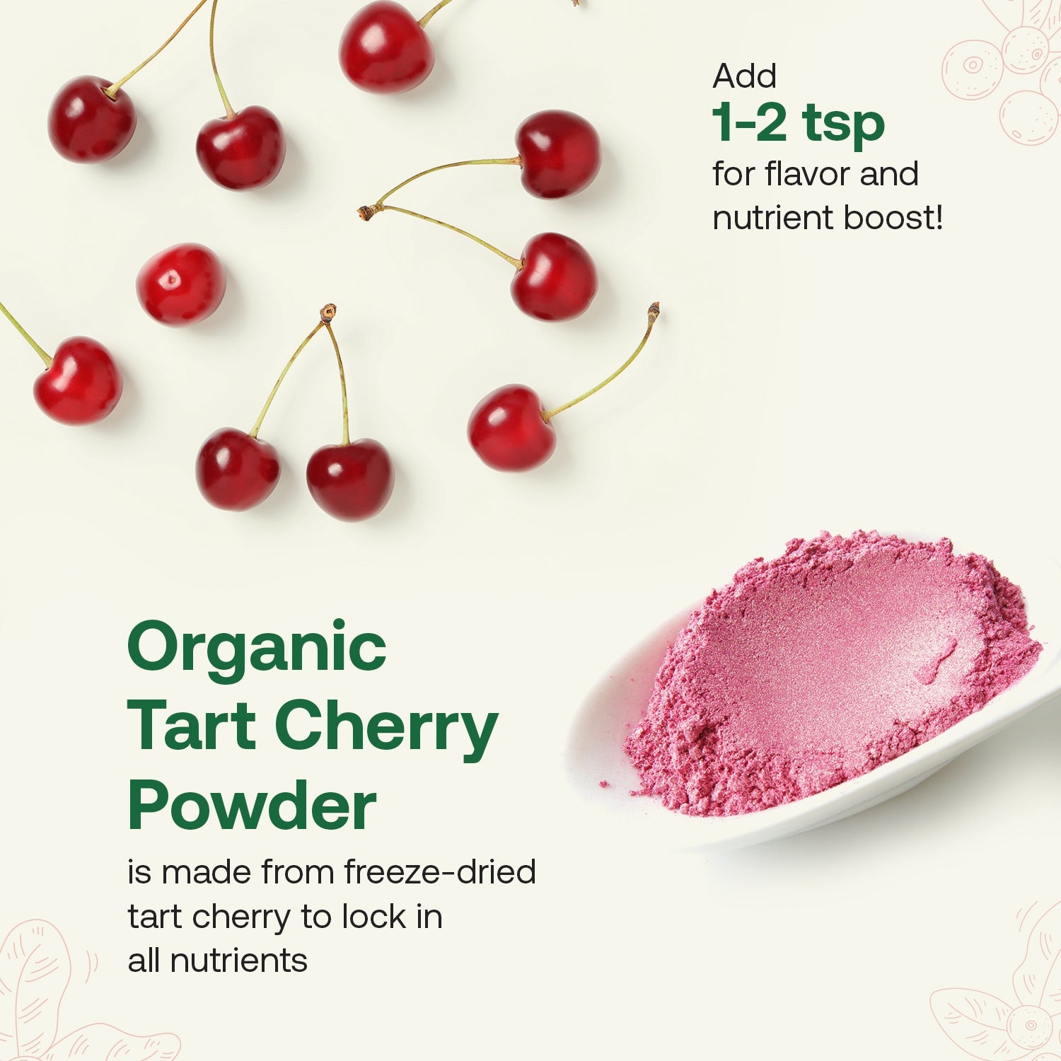 Organic tart cherry powder with freeze-dried tart cherries and a wooden spoon on a white background