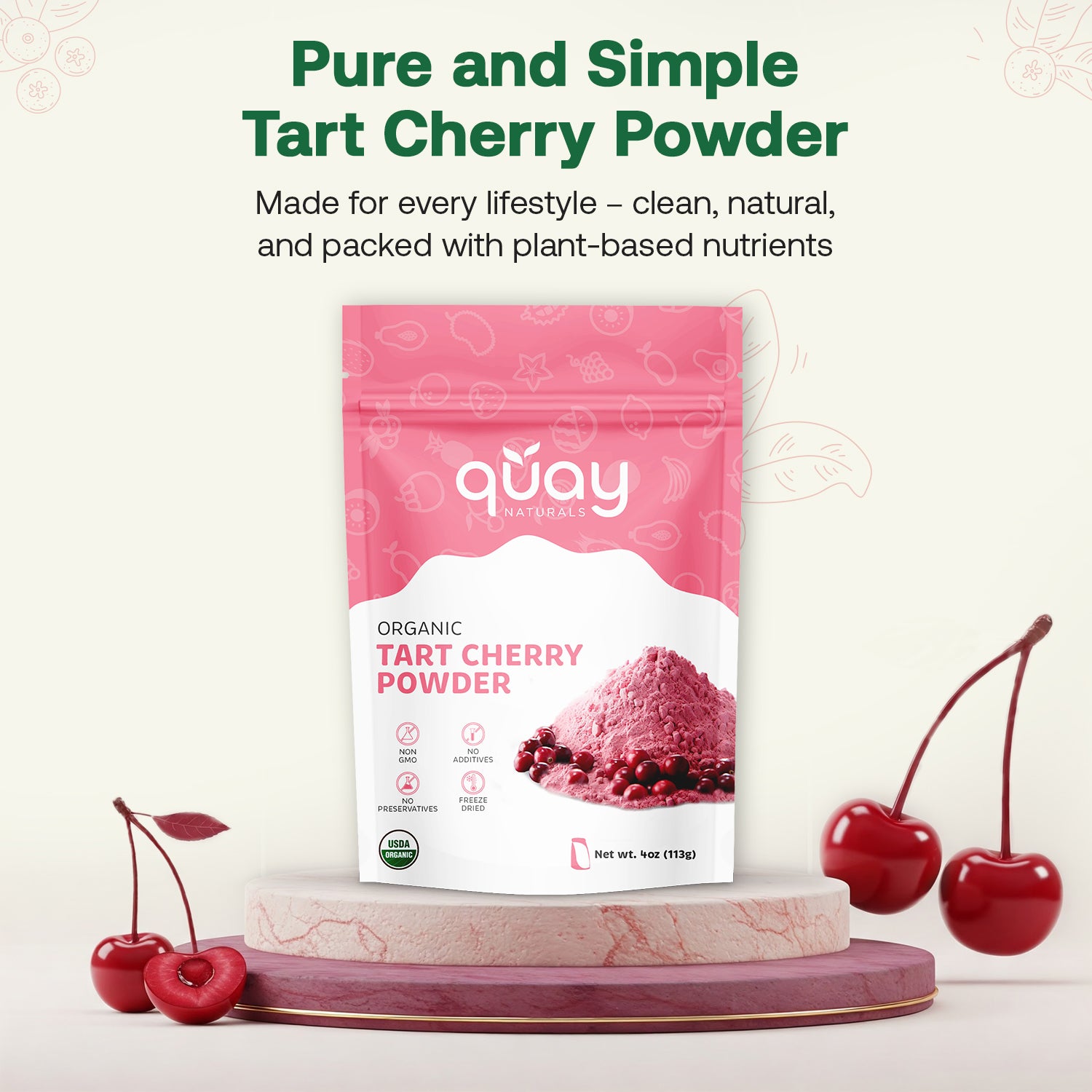 Package of Quay Naturals tart cherry powder with cherries on a white background