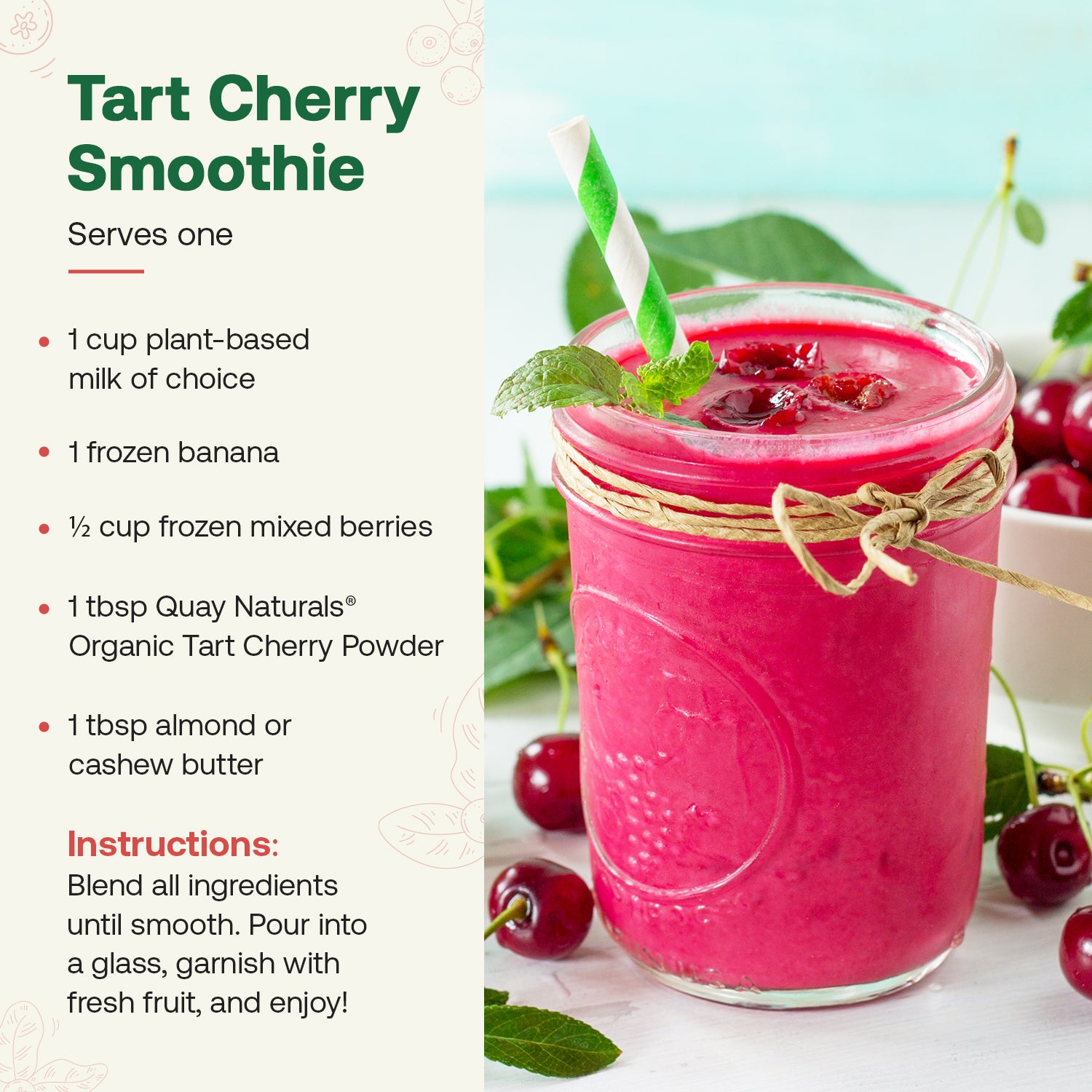 Tart Cherry Smoothie recipe with a pink smoothie in a glass jar, surrounded by cherries and green leaves.