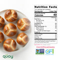 Mini golden-brown buns, likely made from potato starch, are on a white plate next to their Nutrition Facts