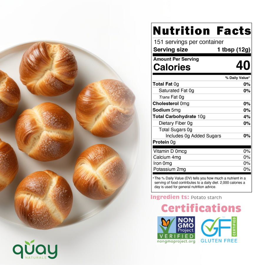 Mini golden-brown buns, likely made from potato starch, are on a white plate next to their Nutrition Facts