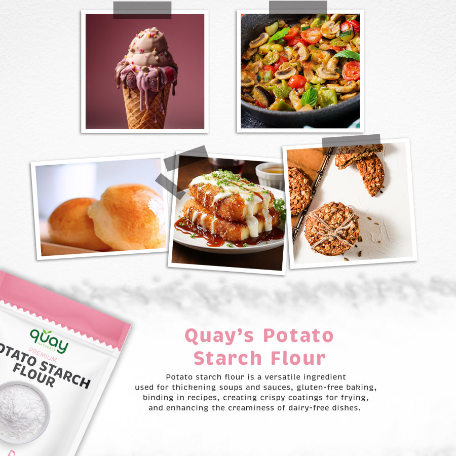 A bag of Quay's Potato Starch Flour is featured alongside five photos demonstrating its versatile uses in various dishes, including ice cream, stir-fries, baked goods, fried foods, and cookies.