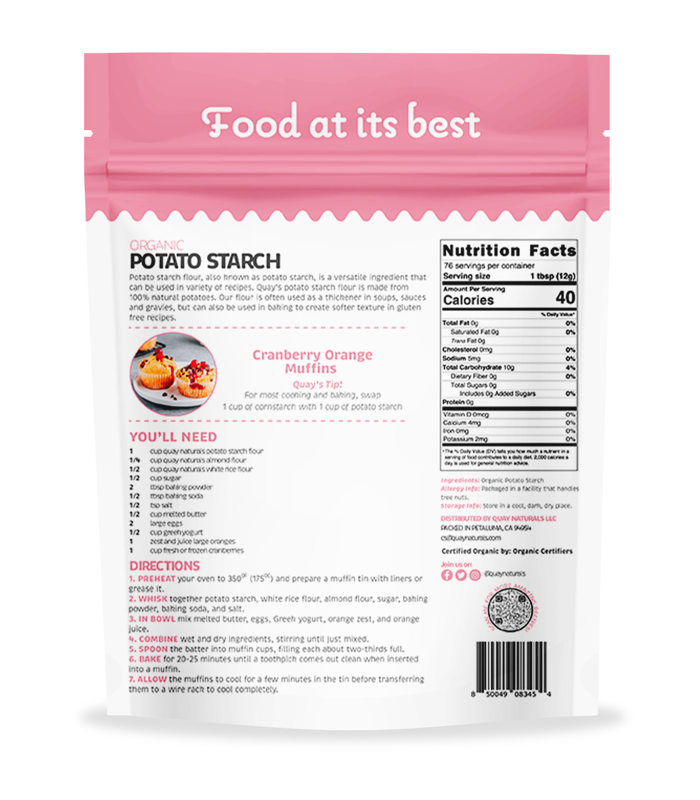 Back side of the Quay Naturals potato starch package with nutritional information and recipe details on a white background