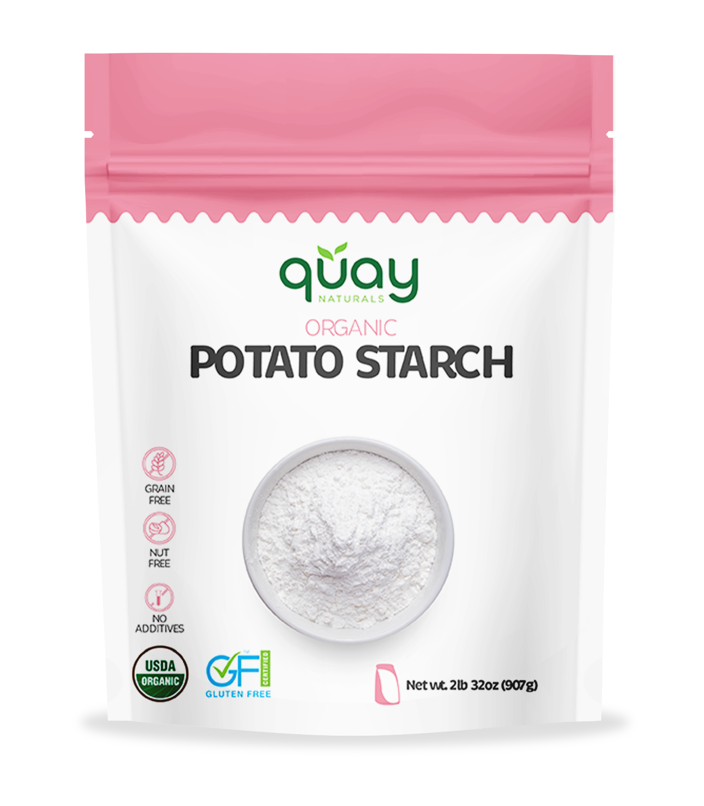 Package of Quay Naturals Organic Potato Starch with pink top and white label.