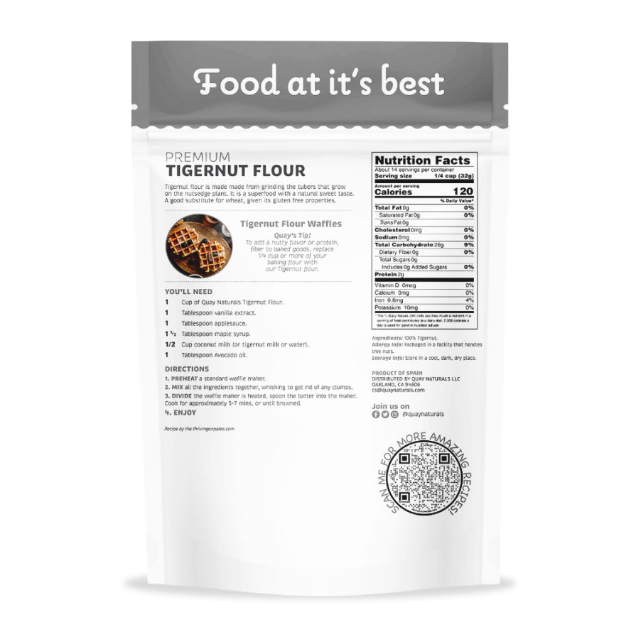 Back Side of Quay Naturals tigernut flour packet with nutrition facts and  baking recipe