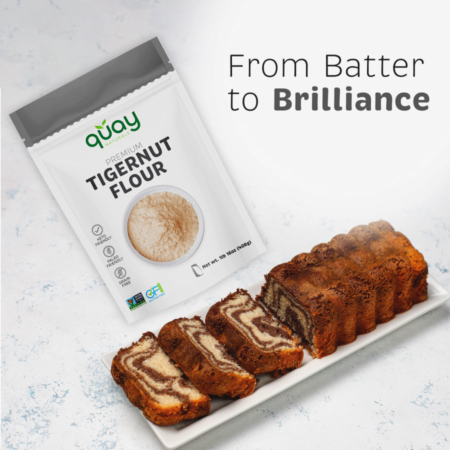 A sliced marble cake and a bag of Quay Naturals Premium Tigernut Flour.