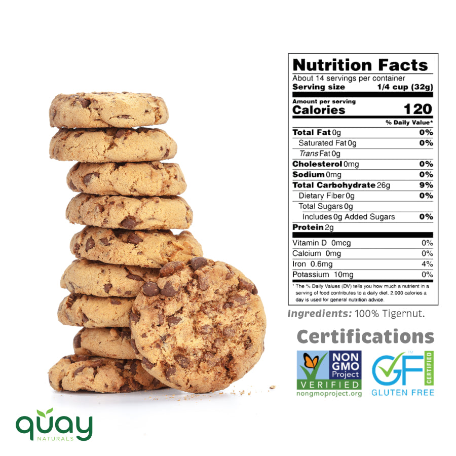 A stack of chocolate chip cookies with a Tigernut Nutrition Facts label and certifications.