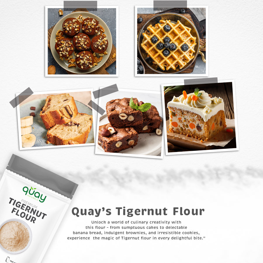 baked goods like muffins, waffles, banana bread, brownies, and fruitcake, promoting Quay's Tigernut Flour.