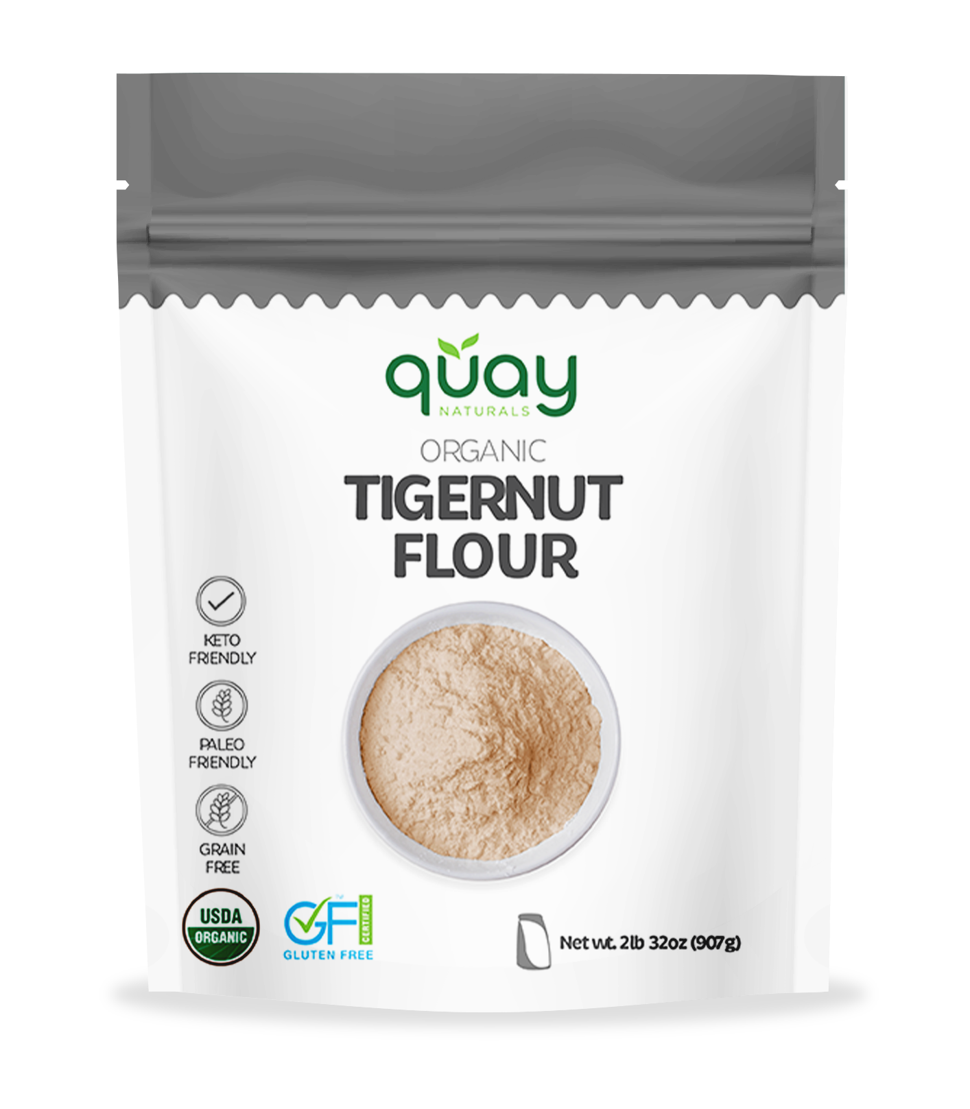 Package of Quay Naturals Organic Tigernut Flour fornt side on a white background
