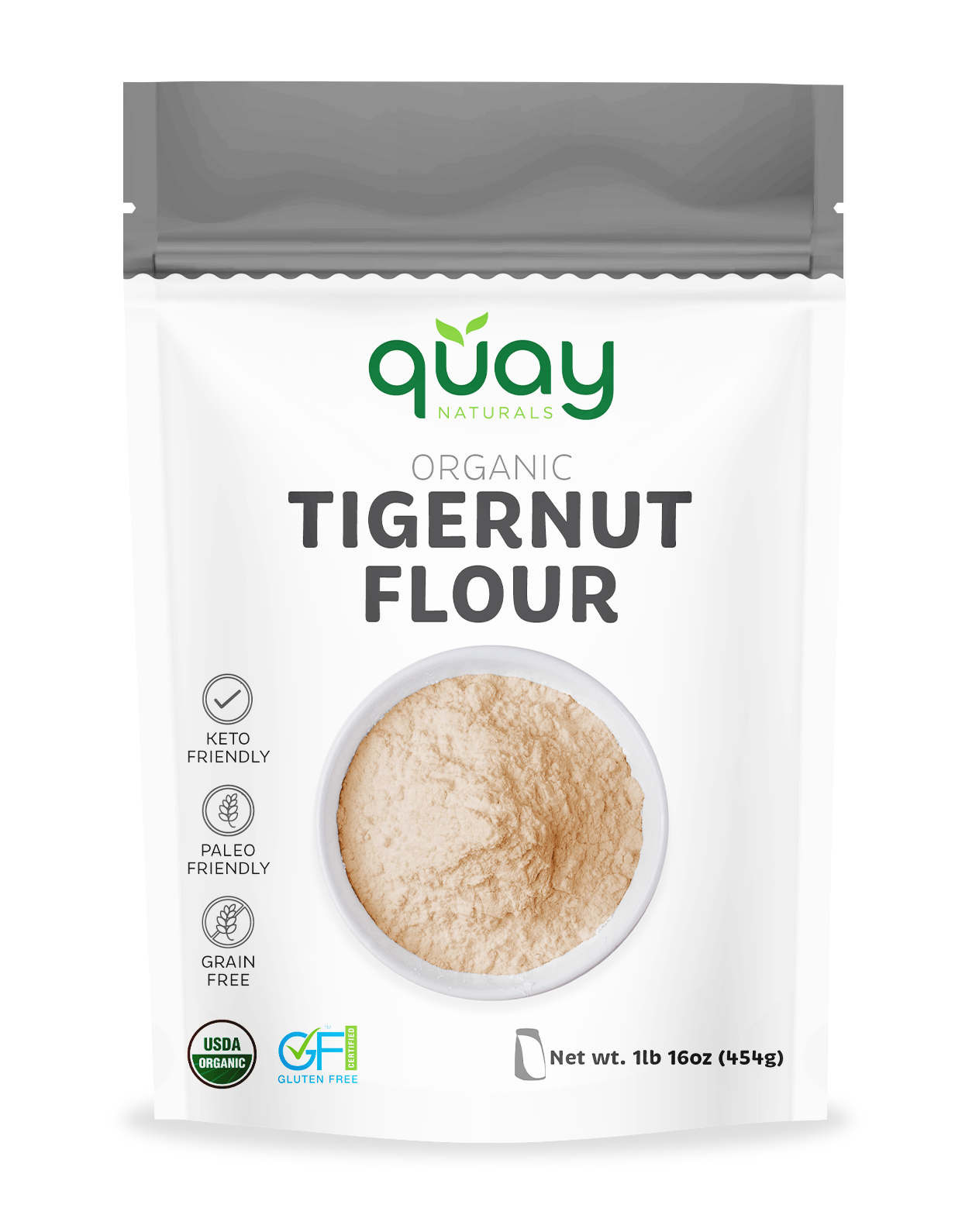 Quay Organic Tigernut Flour packaging front side on a white background